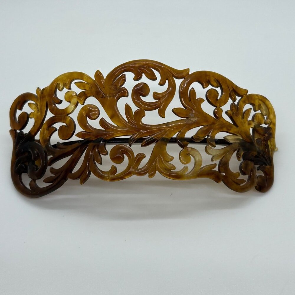 Antique Edwardian Carved Hair Comb Best-Hold Patent 1907 Clasp Celluloid Brown - Picture 2 of 16
